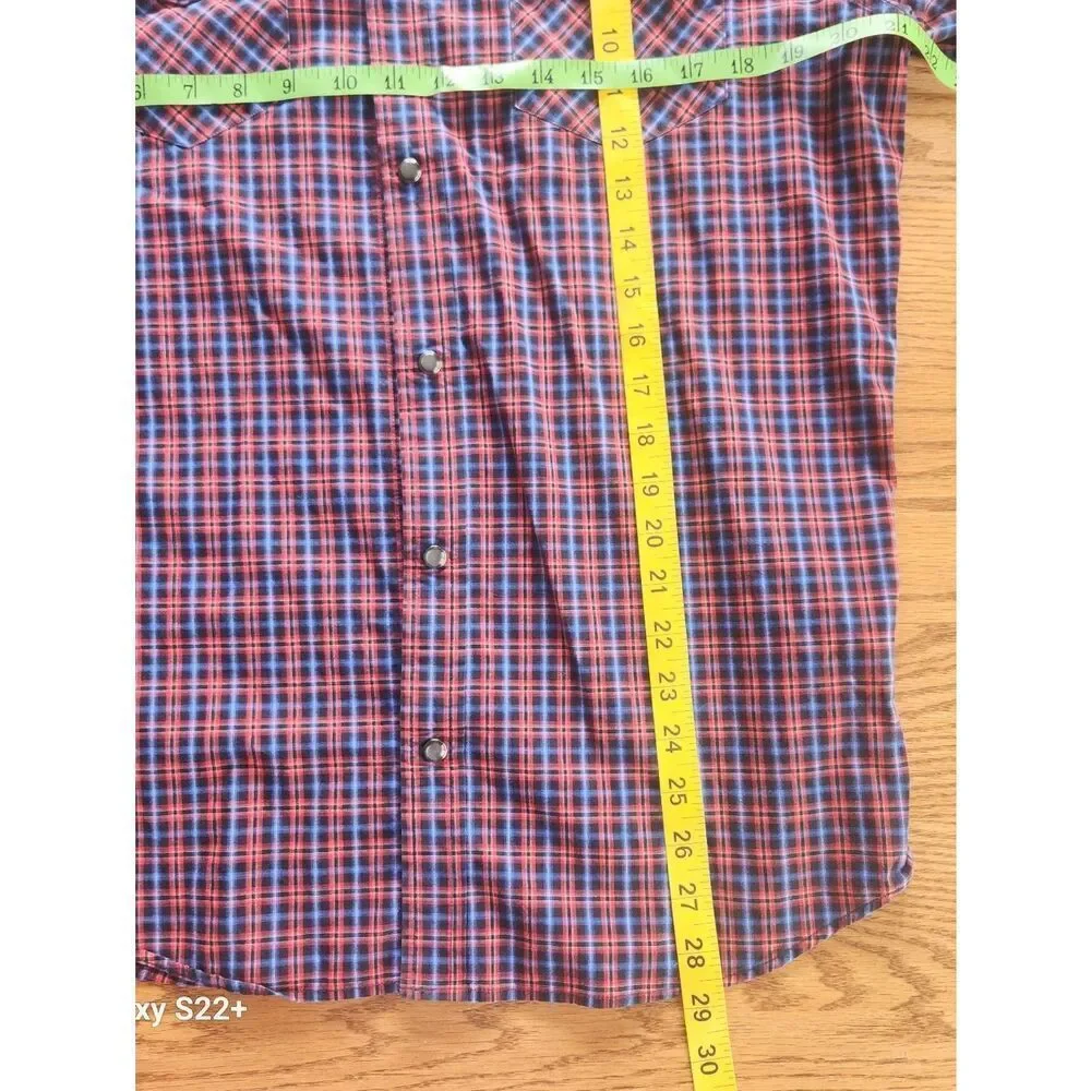 M70 Banana Republic Slim Fit Men's Red & Blue Plaid Western Shirt w Pearly Snaps